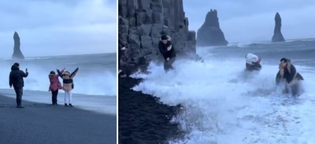 Ανυποψίαστοι τουρίστες παραλίγο να παρασυρθούν στη θάλασσα ενώ προσπαθούν να βγάλουν φωτογραφία στην πιο επικίνδυνη παραλία της Ισλανδίας