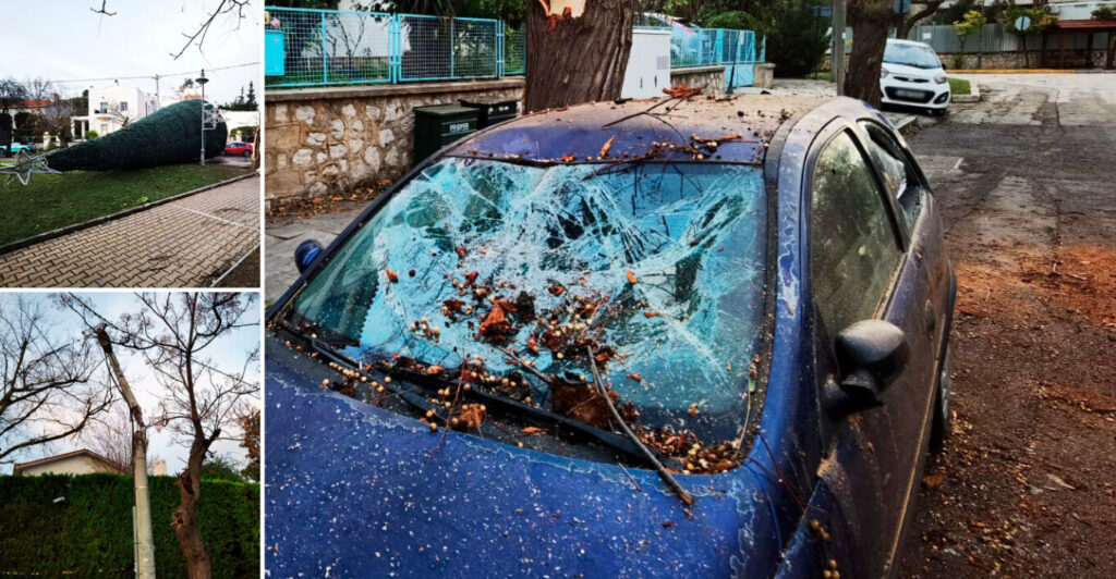 Ισχυρό μπουρίνι έπληξε την Αττική- Κομμένα δέντρα, σπασμένες κολώνες, ζημιές σε αυτοκίνητα – Καταστροφές σε Πύργο Ηλείας, Εύβοια, Πάτρα- Ο καιρός σήμερα