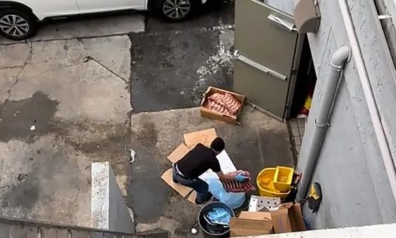 Eργαζόμενος εστιατορίου πετάει παϊδάκια σε βρώμικο πεζοδρόμιο για να τα ξεπαγώσει