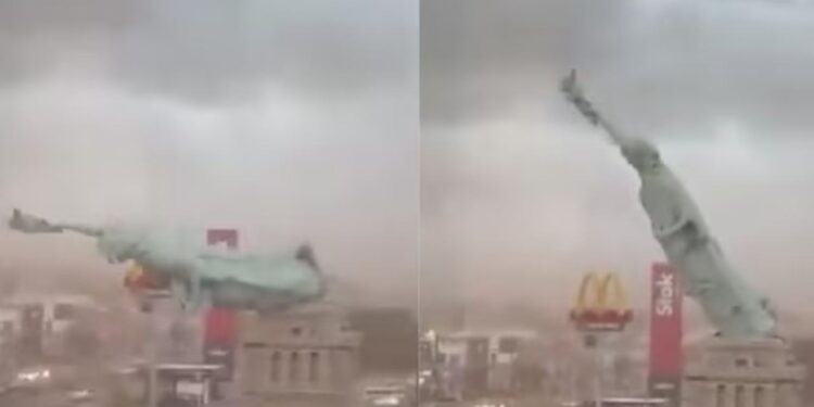 Κατέρρευσε το «Άγαλμα της Ελευθερίας» από σφοδρή κακοκαιρία: Ριπές ανέμων 90 χλμ./ώρα