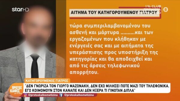 Υπόθεση Μαζωνάκη-Τι ζητά εγγράφως από τον ανακριτή ο κατηγορούμενος γιατρός: Δεν γνώριζα τον Γιώργο Μαζωνάκη, δεν έχω μιλήσει ποτέ μαζί του τηλεφωνικά